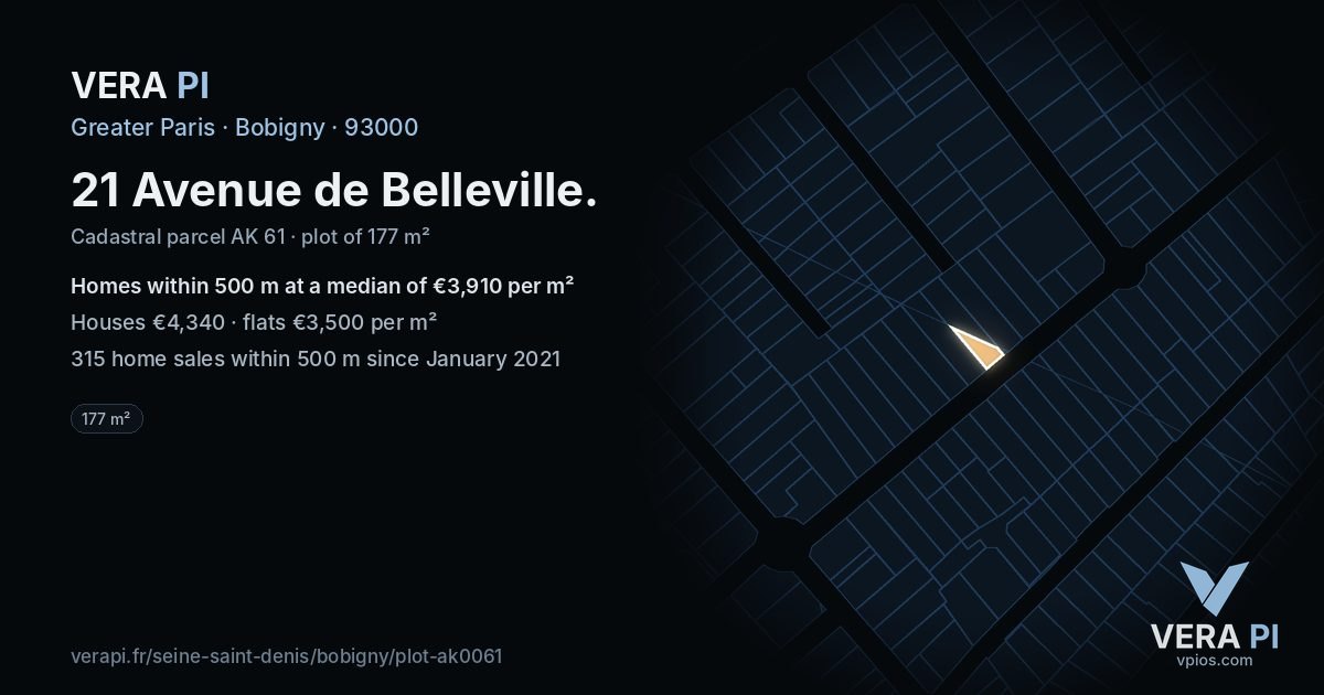 21 Avenue de Belleville, Bobigny at night – the plot lit, the parcels around coloured by the prices near them