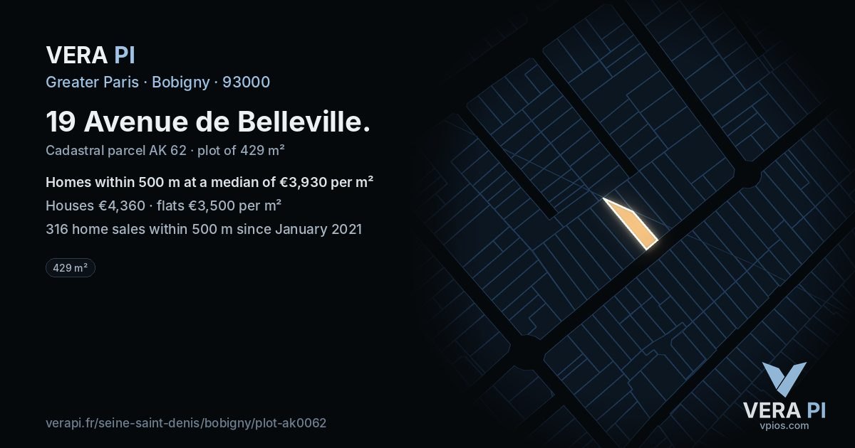 19 Avenue de Belleville, Bobigny at night – the plot lit, the parcels around coloured by the prices near them