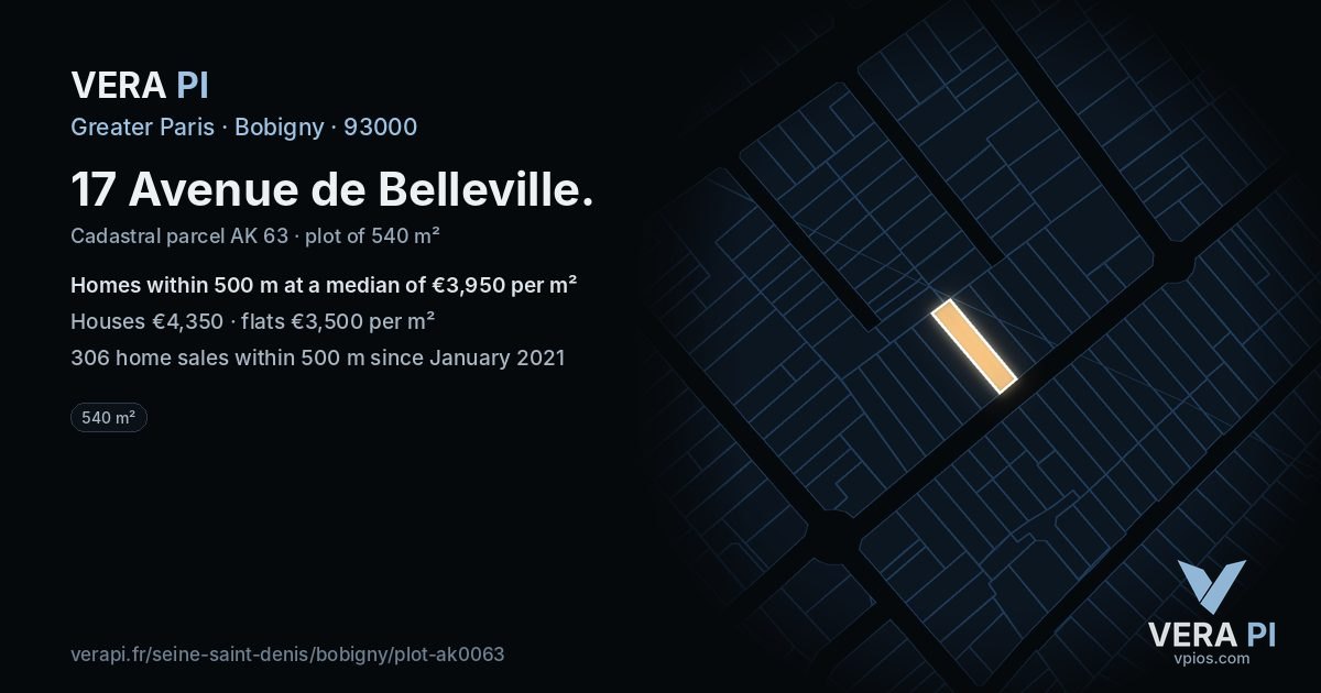 17 Avenue de Belleville, Bobigny at night – the plot lit, the parcels around coloured by the prices near them