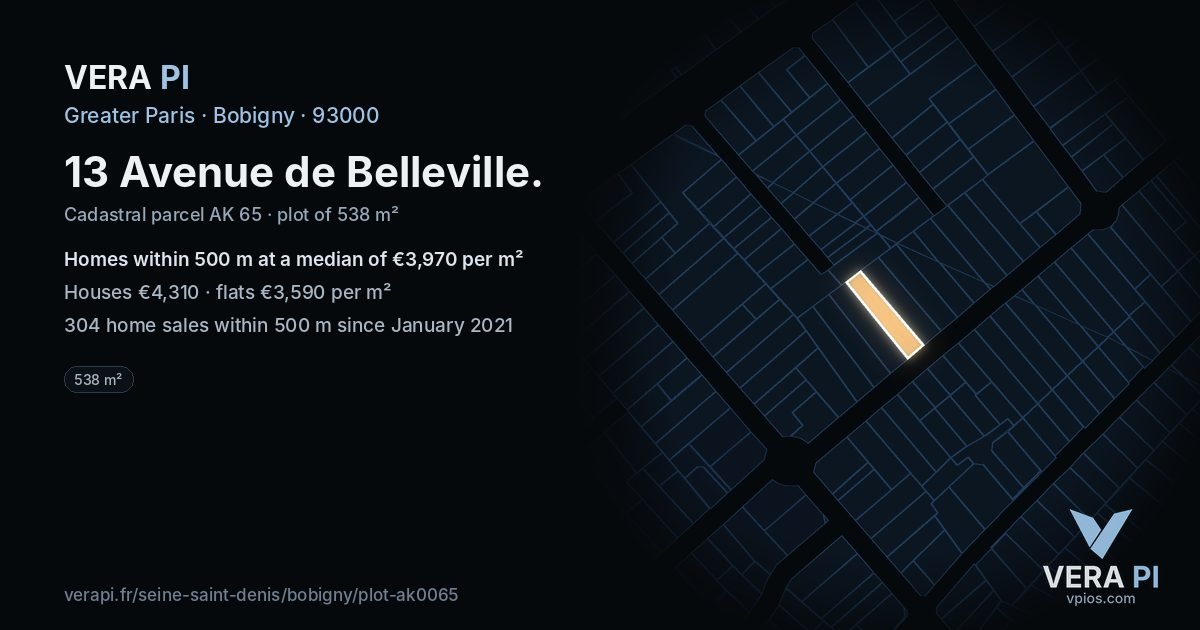 13 Avenue de Belleville, Bobigny at night – the plot lit, the parcels around coloured by the prices near them
