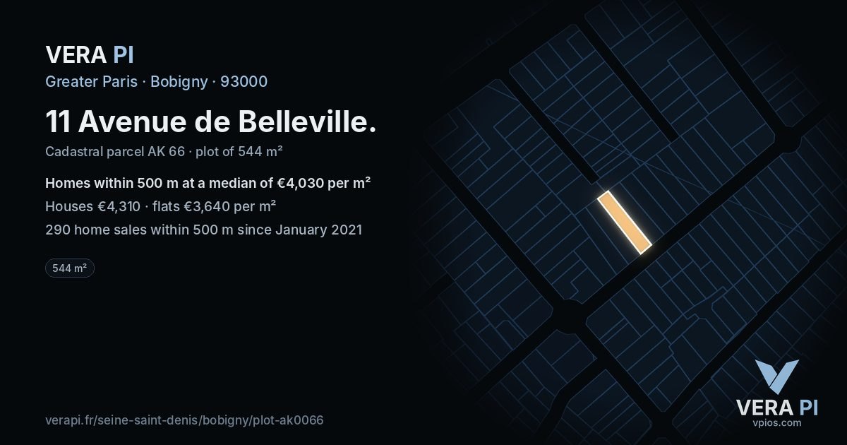 11 Avenue de Belleville, Bobigny at night – the plot lit, the parcels around coloured by the prices near them
