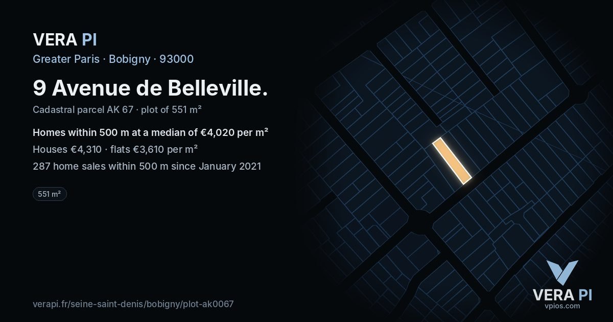 9 Avenue de Belleville, Bobigny at night – the plot lit, the parcels around coloured by the prices near them