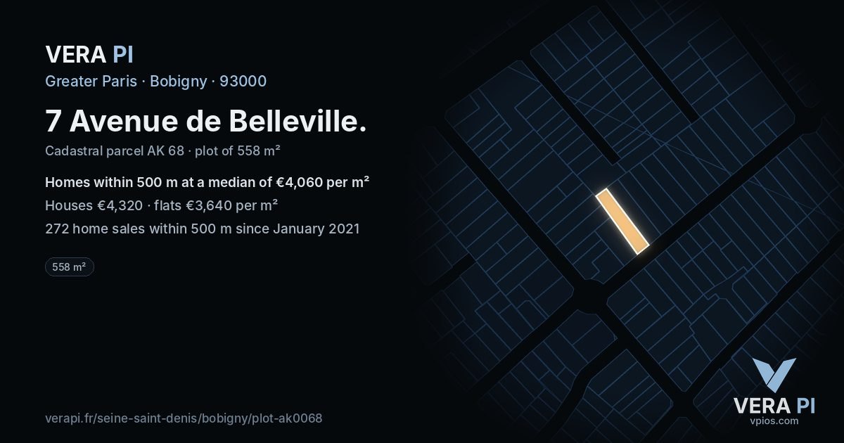 7 Avenue de Belleville, Bobigny at night – the plot lit, the parcels around coloured by the prices near them