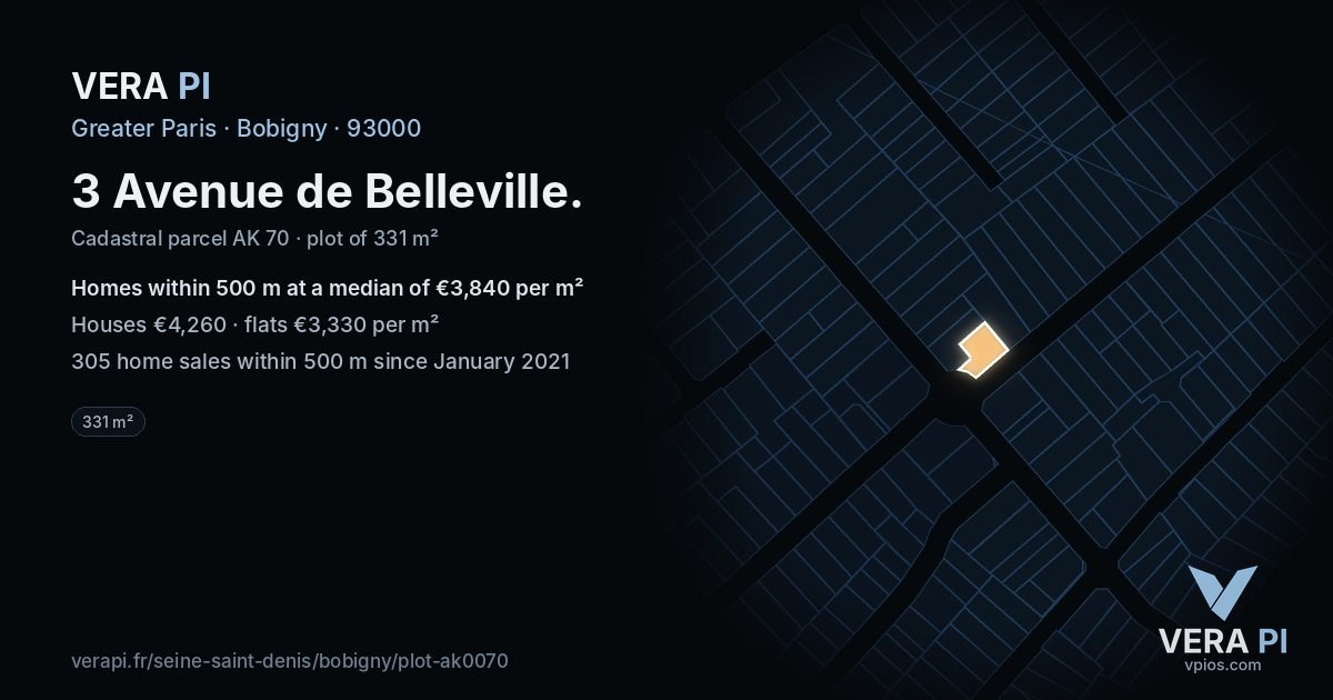 3 Avenue de Belleville, Bobigny at night – the plot lit, the parcels around coloured by the prices near them