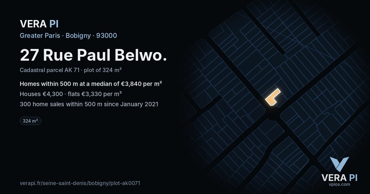 27 Rue Paul Belwo, Bobigny at night – the plot lit, the parcels around coloured by the prices near them