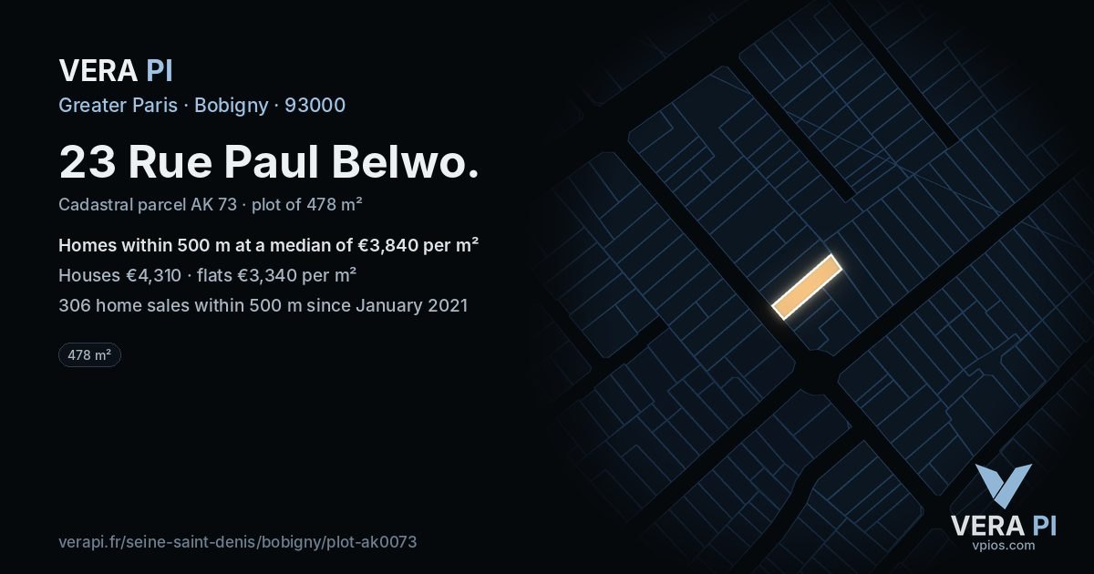 23 Rue Paul Belwo, Bobigny at night – the plot lit, the parcels around coloured by the prices near them