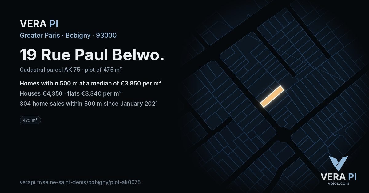 19 Rue Paul Belwo, Bobigny at night – the plot lit, the parcels around coloured by the prices near them