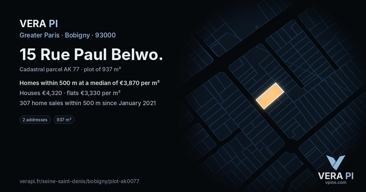 15 Rue Paul Belwo, Bobigny at night – the plot lit, the parcels around coloured by the prices near them