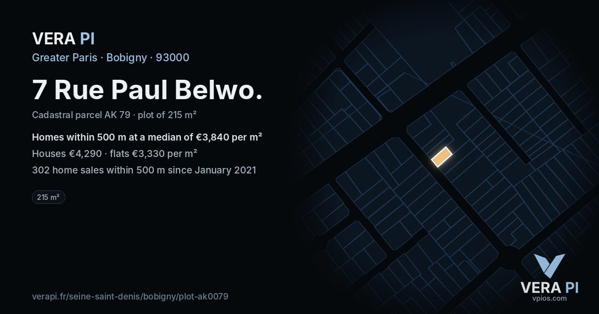 7 Rue Paul Belwo, Bobigny at night – the plot lit, the parcels around coloured by the prices near them