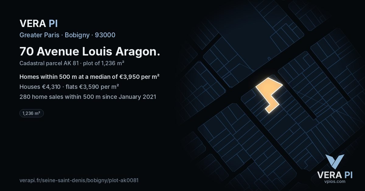70 Avenue Louis Aragon, Bobigny at night – the plot lit, the parcels around coloured by the prices near them