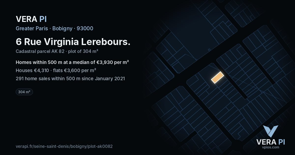 6 Rue Virginia Lerebours, Bobigny at night – the plot lit, the parcels around coloured by the prices near them