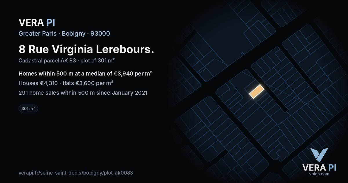 8 Rue Virginia Lerebours, Bobigny at night – the plot lit, the parcels around coloured by the prices near them