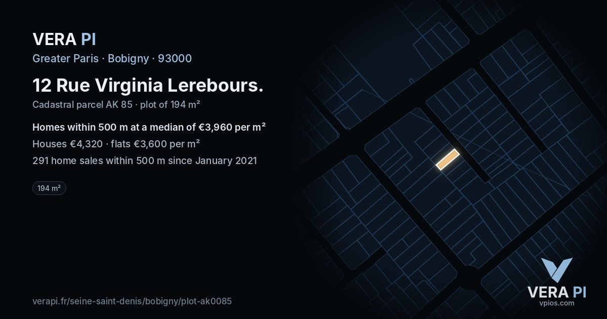 12 Rue Virginia Lerebours, Bobigny at night – the plot lit, the parcels around coloured by the prices near them