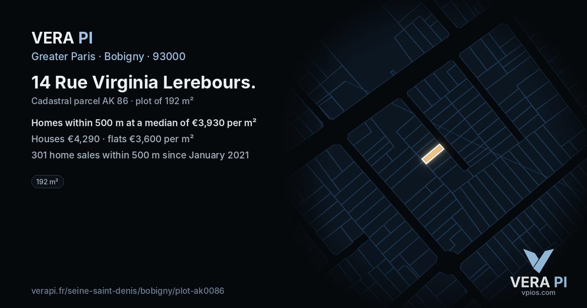 14 Rue Virginia Lerebours, Bobigny at night – the plot lit, the parcels around coloured by the prices near them