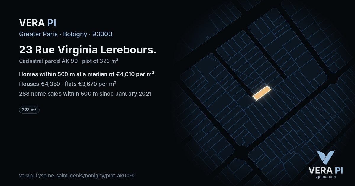 23 Rue Virginia Lerebours, Bobigny at night – the plot lit, the parcels around coloured by the prices near them