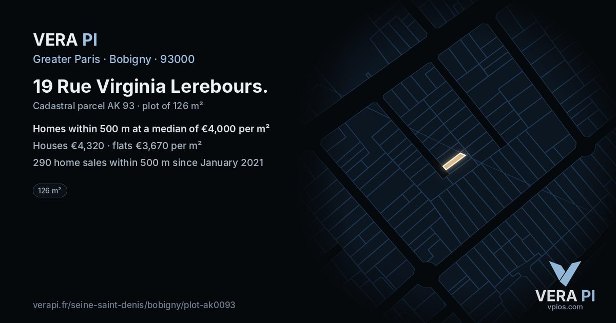 19 Rue Virginia Lerebours, Bobigny at night – the plot lit, the parcels around coloured by the prices near them