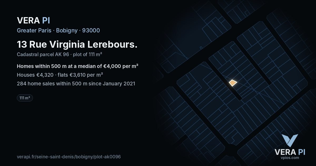 13 Rue Virginia Lerebours, Bobigny at night – the plot lit, the parcels around coloured by the prices near them