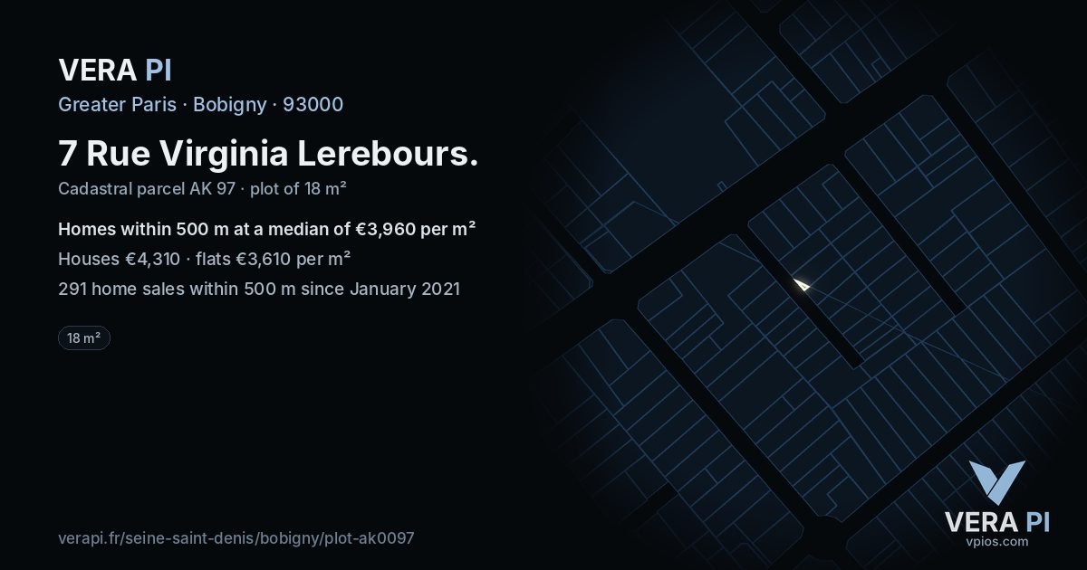 7 Rue Virginia Lerebours, Bobigny at night – the plot lit, the parcels around coloured by the prices near them