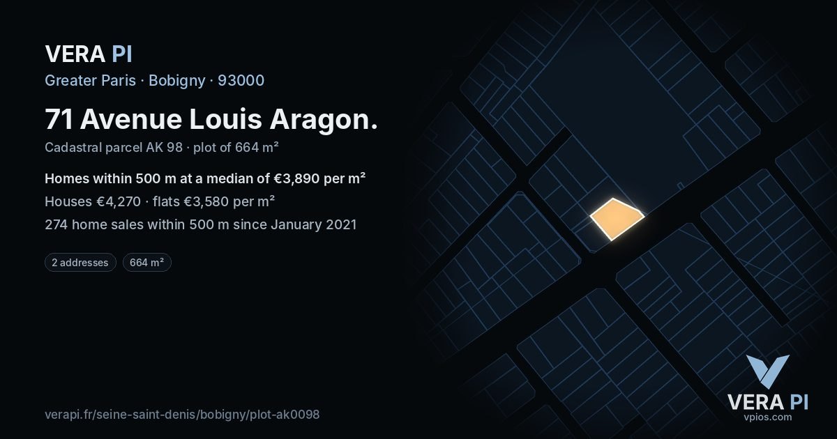 71 Avenue Louis Aragon, Bobigny at night – the plot lit, the parcels around coloured by the prices near them