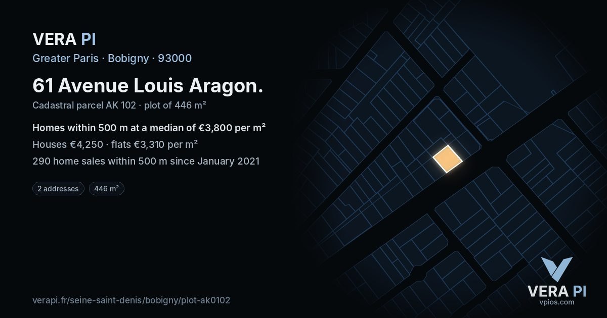 61 Avenue Louis Aragon, Bobigny at night – the plot lit, the parcels around coloured by the prices near them