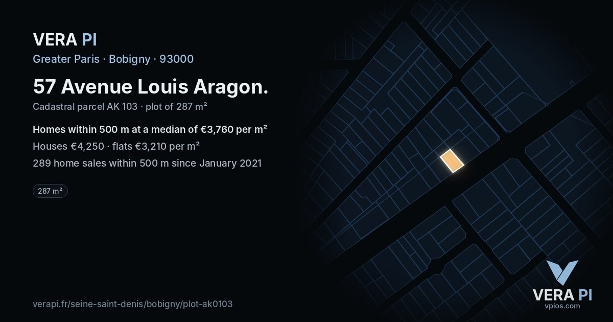 57 Avenue Louis Aragon, Bobigny at night – the plot lit, the parcels around coloured by the prices near them