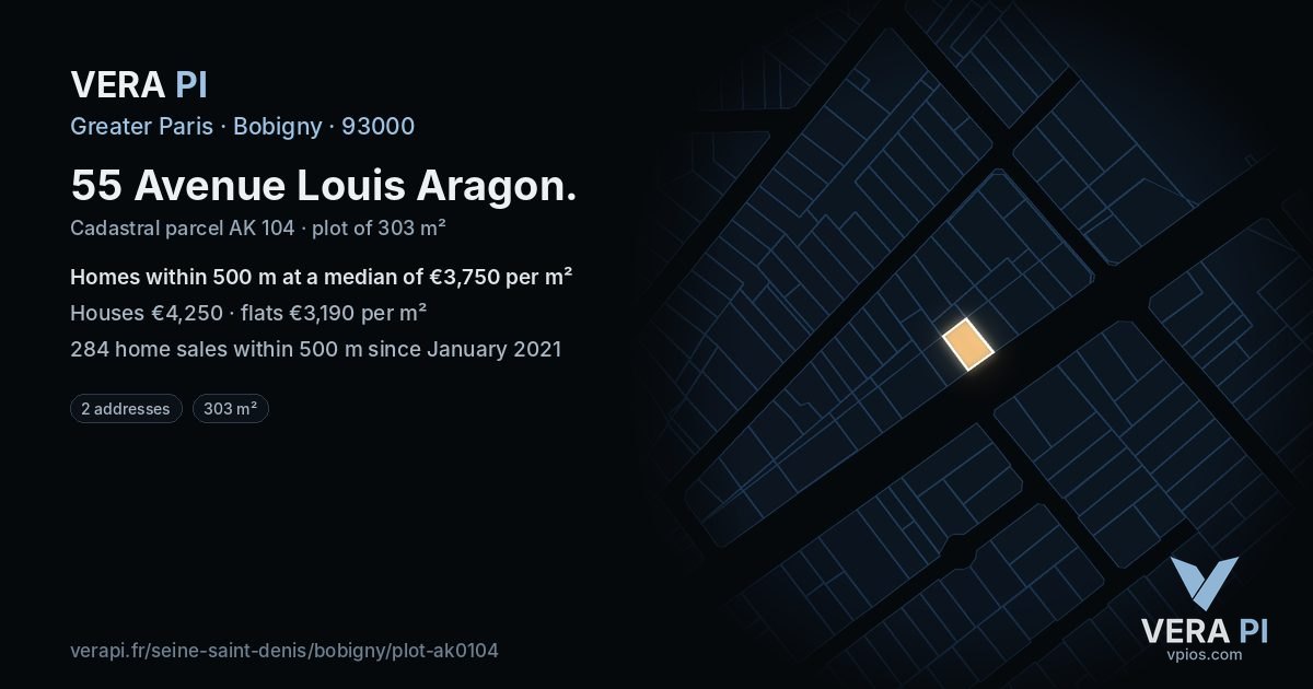 55 Avenue Louis Aragon, Bobigny at night – the plot lit, the parcels around coloured by the prices near them