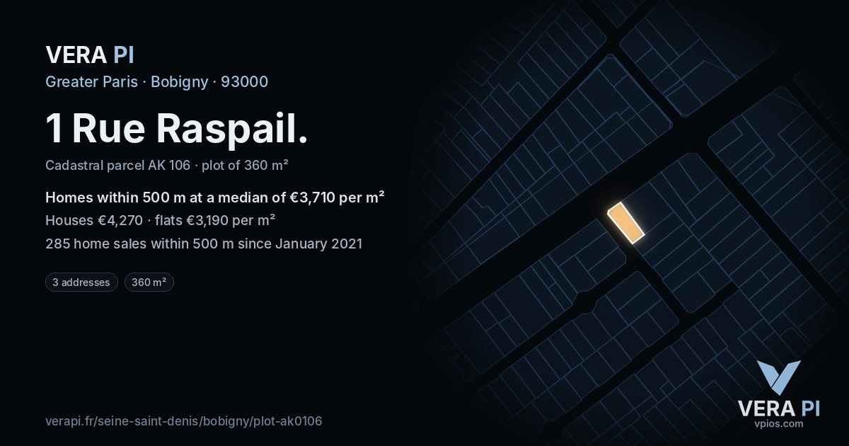 1 Rue Raspail, Bobigny at night – the plot lit, the parcels around coloured by the prices near them