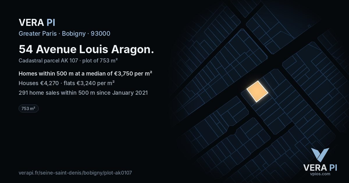 54 Avenue Louis Aragon, Bobigny at night – the plot lit, the parcels around coloured by the prices near them