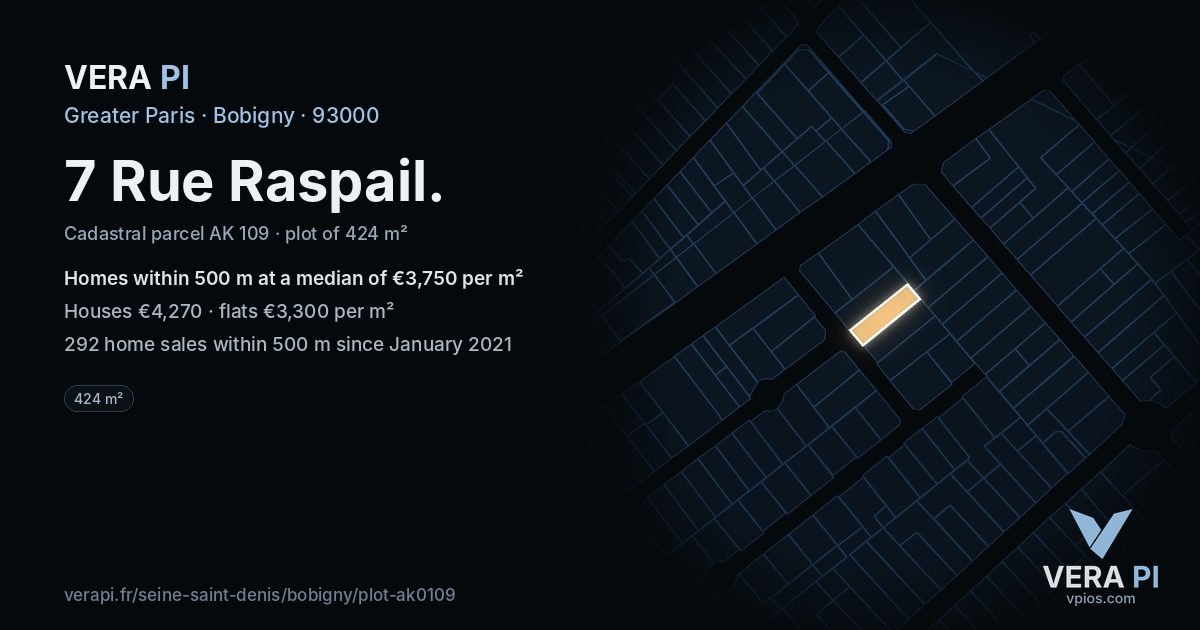 7 Rue Raspail, Bobigny at night – the plot lit, the parcels around coloured by the prices near them