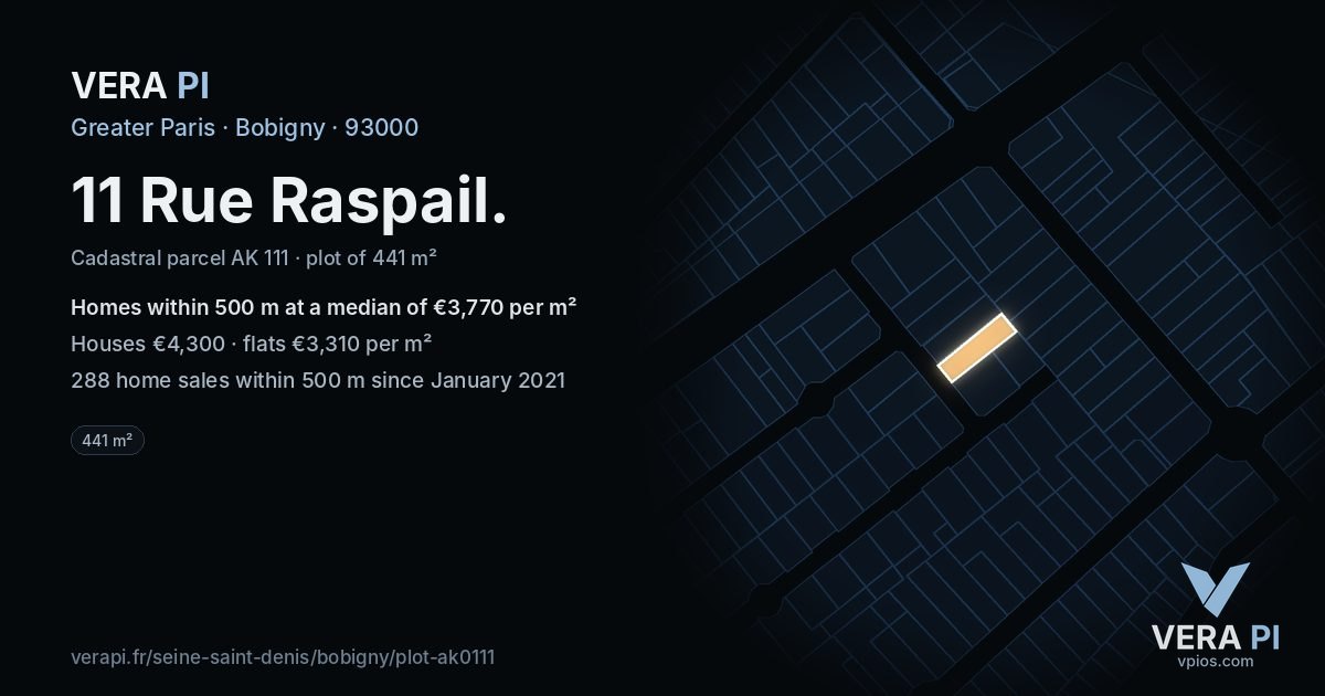 11 Rue Raspail, Bobigny at night – the plot lit, the parcels around coloured by the prices near them