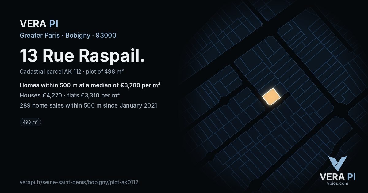 13 Rue Raspail, Bobigny at night – the plot lit, the parcels around coloured by the prices near them