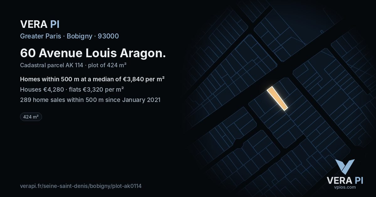 60 Avenue Louis Aragon, Bobigny at night – the plot lit, the parcels around coloured by the prices near them