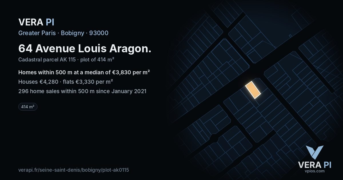 64 Avenue Louis Aragon, Bobigny at night – the plot lit, the parcels around coloured by the prices near them