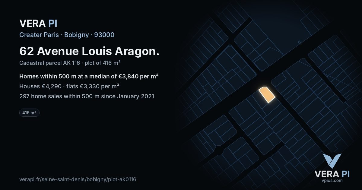 62 Avenue Louis Aragon, Bobigny at night – the plot lit, the parcels around coloured by the prices near them