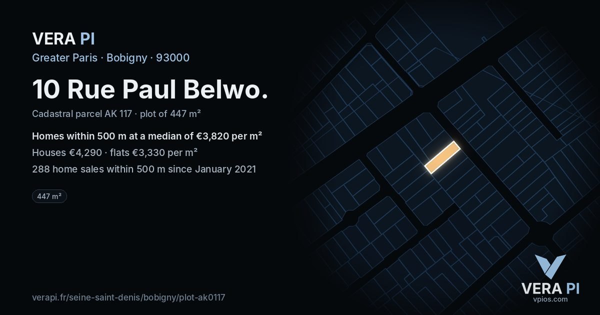 10 Rue Paul Belwo, Bobigny at night – the plot lit, the parcels around coloured by the prices near them