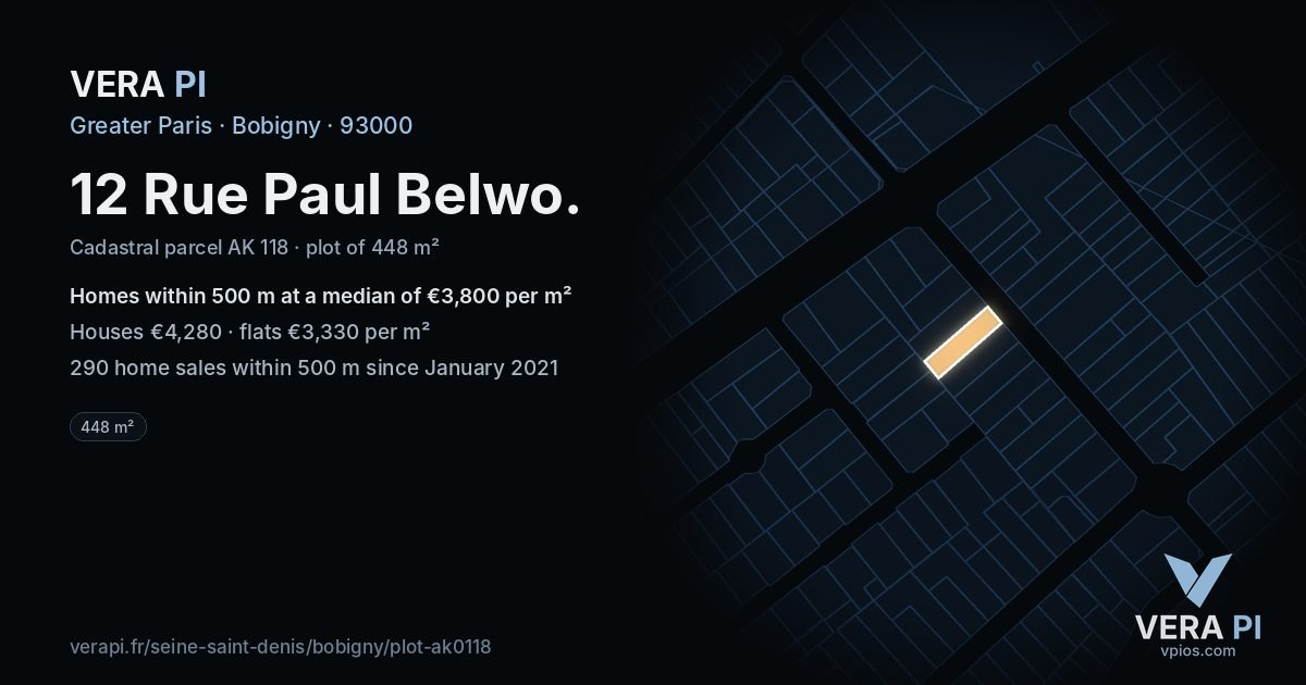 12 Rue Paul Belwo, Bobigny at night – the plot lit, the parcels around coloured by the prices near them