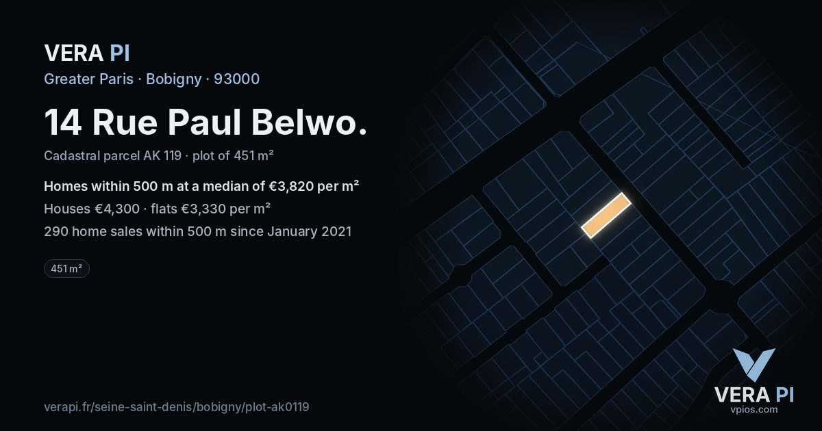 14 Rue Paul Belwo, Bobigny at night – the plot lit, the parcels around coloured by the prices near them