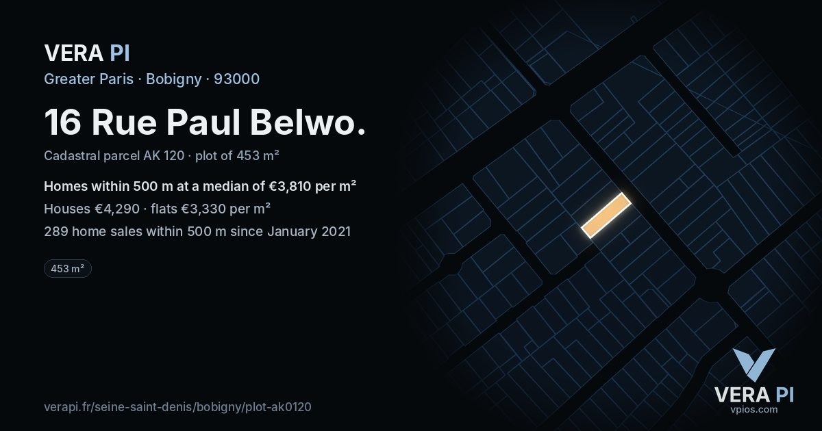 16 Rue Paul Belwo, Bobigny at night – the plot lit, the parcels around coloured by the prices near them