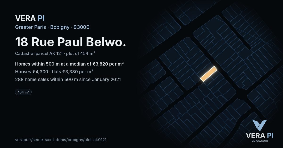 18 Rue Paul Belwo, Bobigny at night – the plot lit, the parcels around coloured by the prices near them