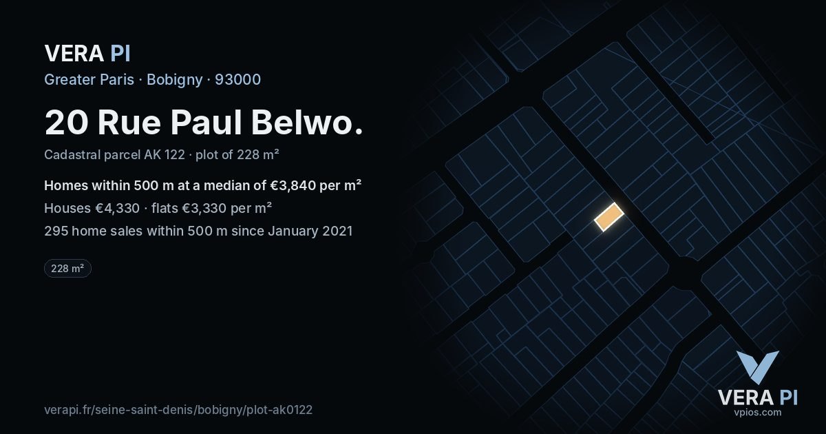 20 Rue Paul Belwo, Bobigny at night – the plot lit, the parcels around coloured by the prices near them