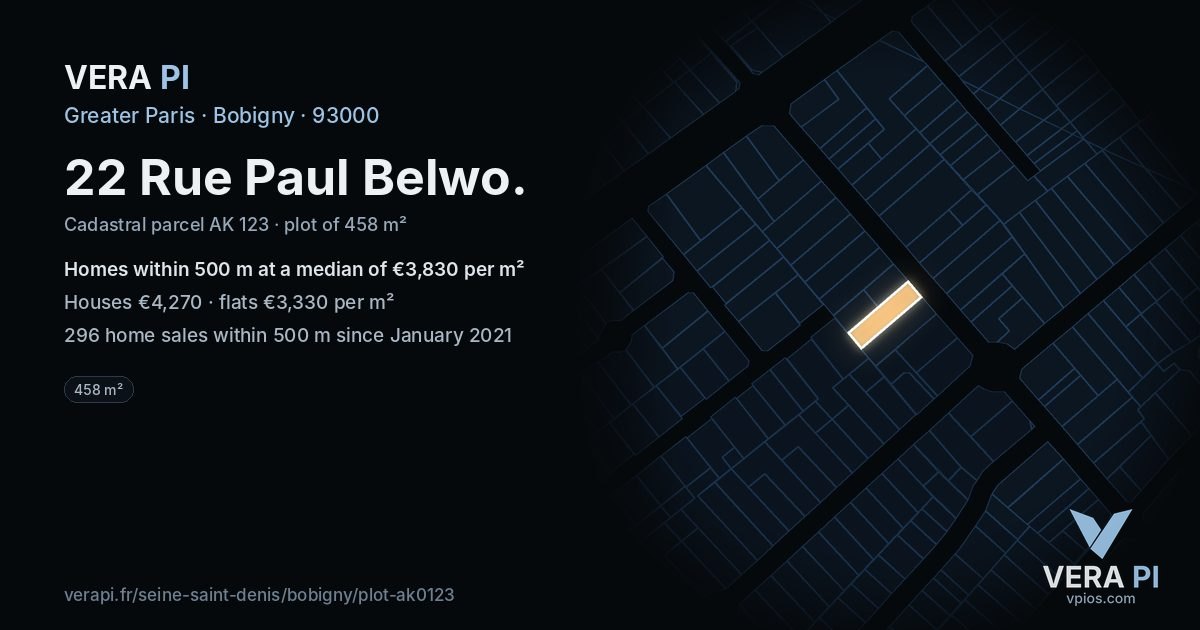22 Rue Paul Belwo, Bobigny at night – the plot lit, the parcels around coloured by the prices near them