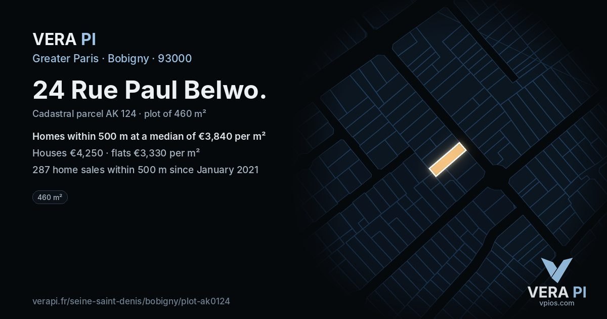 24 Rue Paul Belwo, Bobigny at night – the plot lit, the parcels around coloured by the prices near them