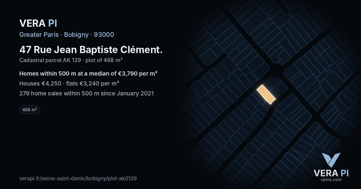 47 Rue Jean Baptiste Clément, Bobigny at night – the plot lit, the parcels around coloured by the prices near them