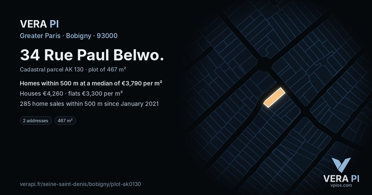 34 Rue Paul Belwo, Bobigny at night – the plot lit, the parcels around coloured by the prices near them