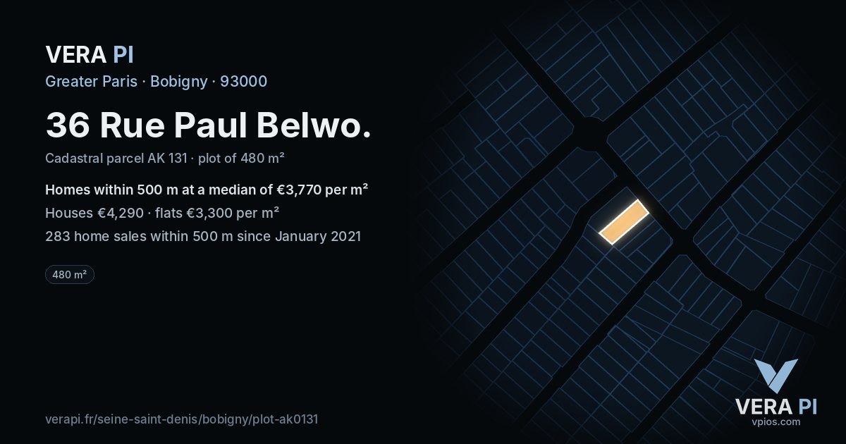 36 Rue Paul Belwo, Bobigny at night – the plot lit, the parcels around coloured by the prices near them