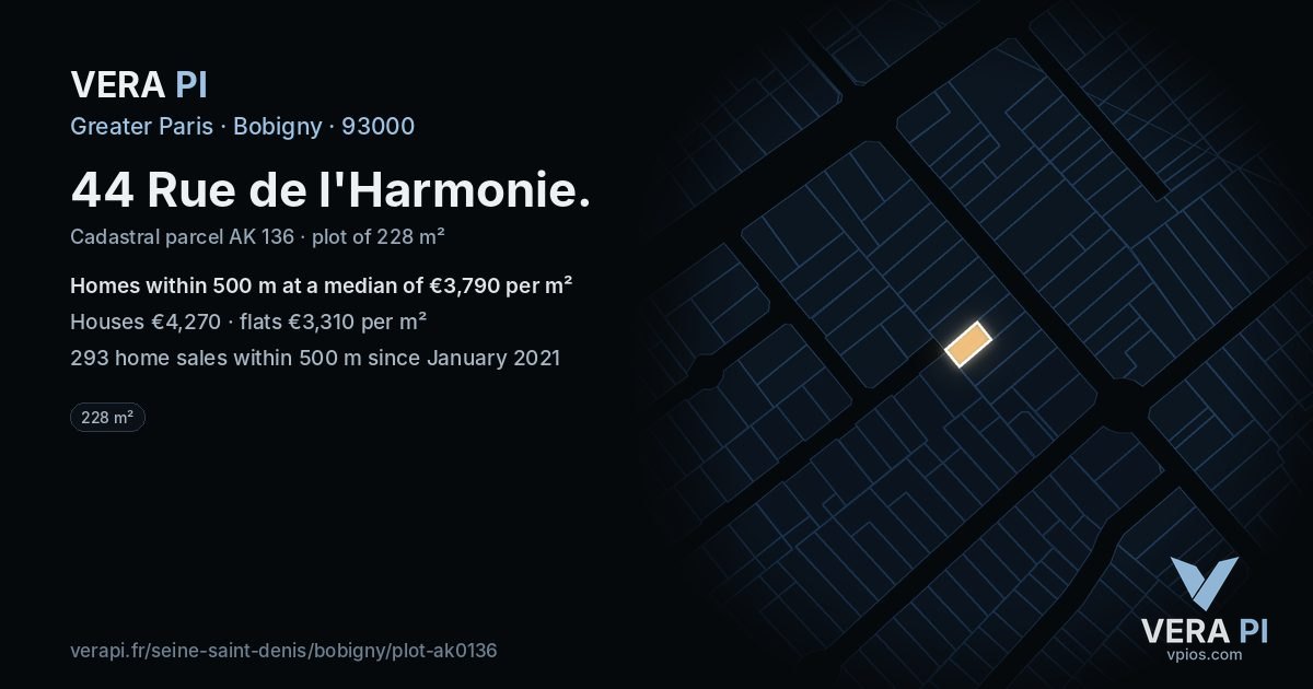 44 Rue de l'Harmonie, Bobigny at night – the plot lit, the parcels around coloured by the prices near them
