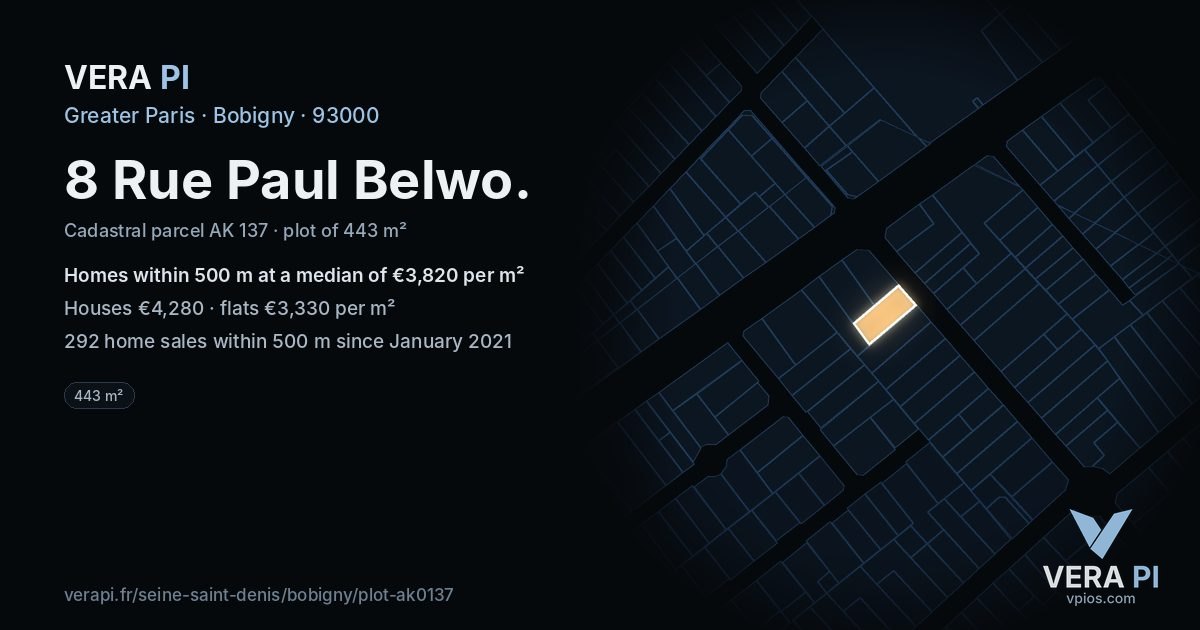 8 Rue Paul Belwo, Bobigny at night – the plot lit, the parcels around coloured by the prices near them