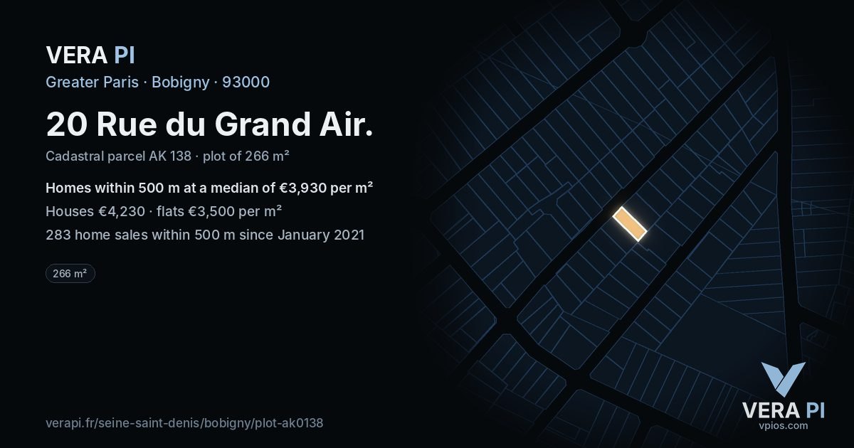 20 Rue du Grand Air, Bobigny at night – the plot lit, the parcels around coloured by the prices near them