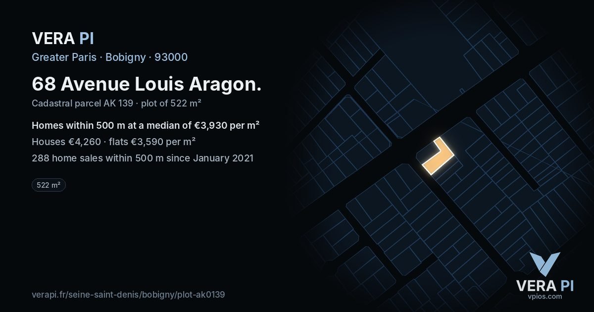 68 Avenue Louis Aragon, Bobigny at night – the plot lit, the parcels around coloured by the prices near them
