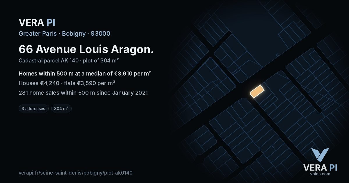 66 Avenue Louis Aragon, Bobigny at night – the plot lit, the parcels around coloured by the prices near them